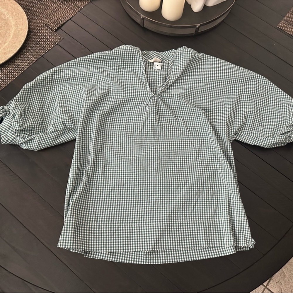 Green and  White Boxy 3/4 Sleeve Blouse with Mandarin Collar